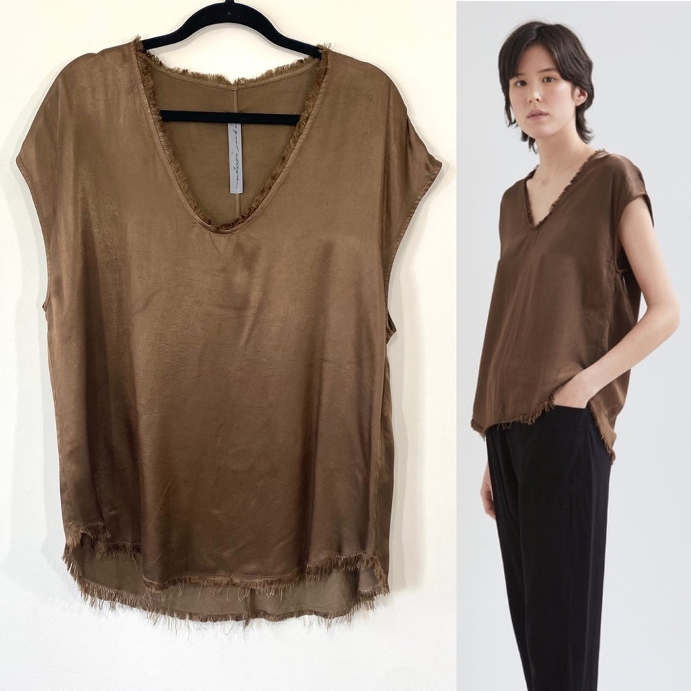 Raquel Allegra Pebble Satin Shell Bronze Brown Raw Hem 3 Large